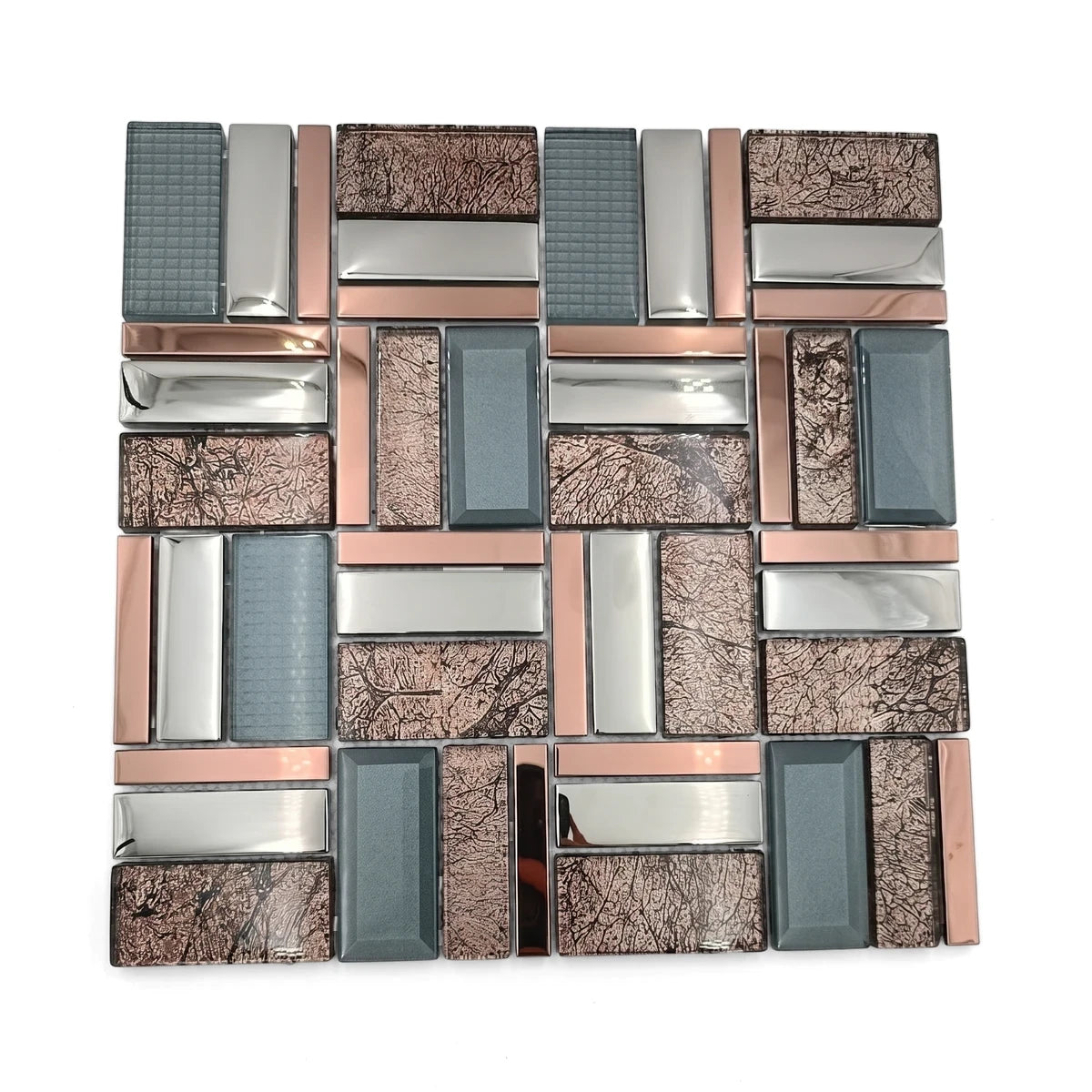 Mercury Square Mosaic Tile - 30X30Cm featuring a geometric pattern of silver, copper, and blue-gray glass and metal pieces.