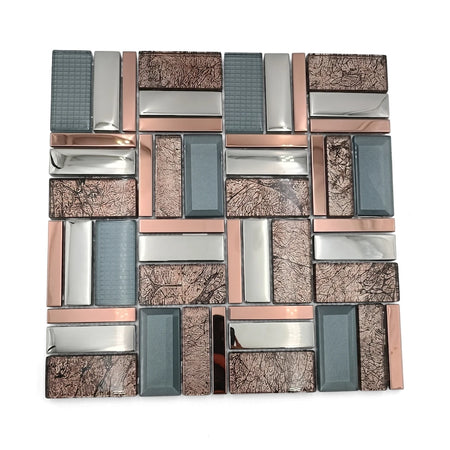 Mercury Square Mosaic Tile - 30X30Cm featuring a geometric pattern of silver, copper, and blue-gray glass and metal pieces.