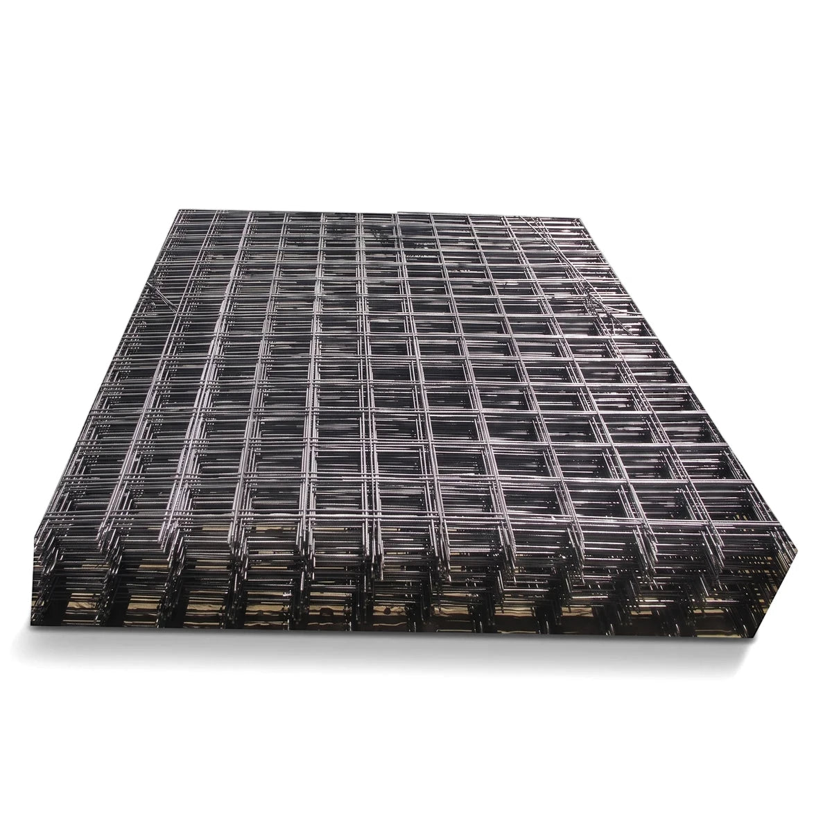 Stack of dark gray metal mesh reinforcement sheets with a square grid pattern, viewed from an elevated angle.