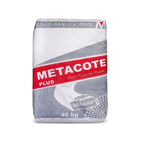 A large 40kg bag of Metacote Plus Multi Purpose Skimming Plaster in white and gray, featuring branding and product details.