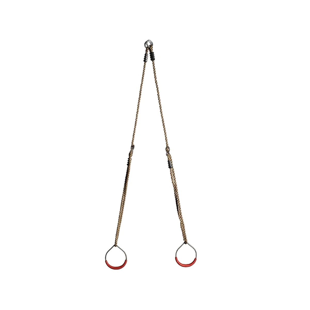 Metal gym rings for swing set with two silver rings and red grip sections, suspended from brown rope straps.
