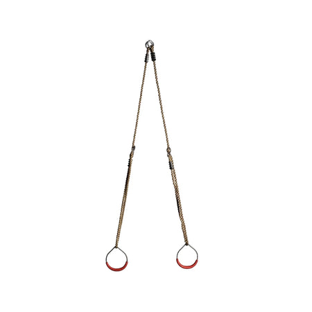 Metal gym rings for swing set with two silver rings and red grip sections, suspended from brown rope straps.