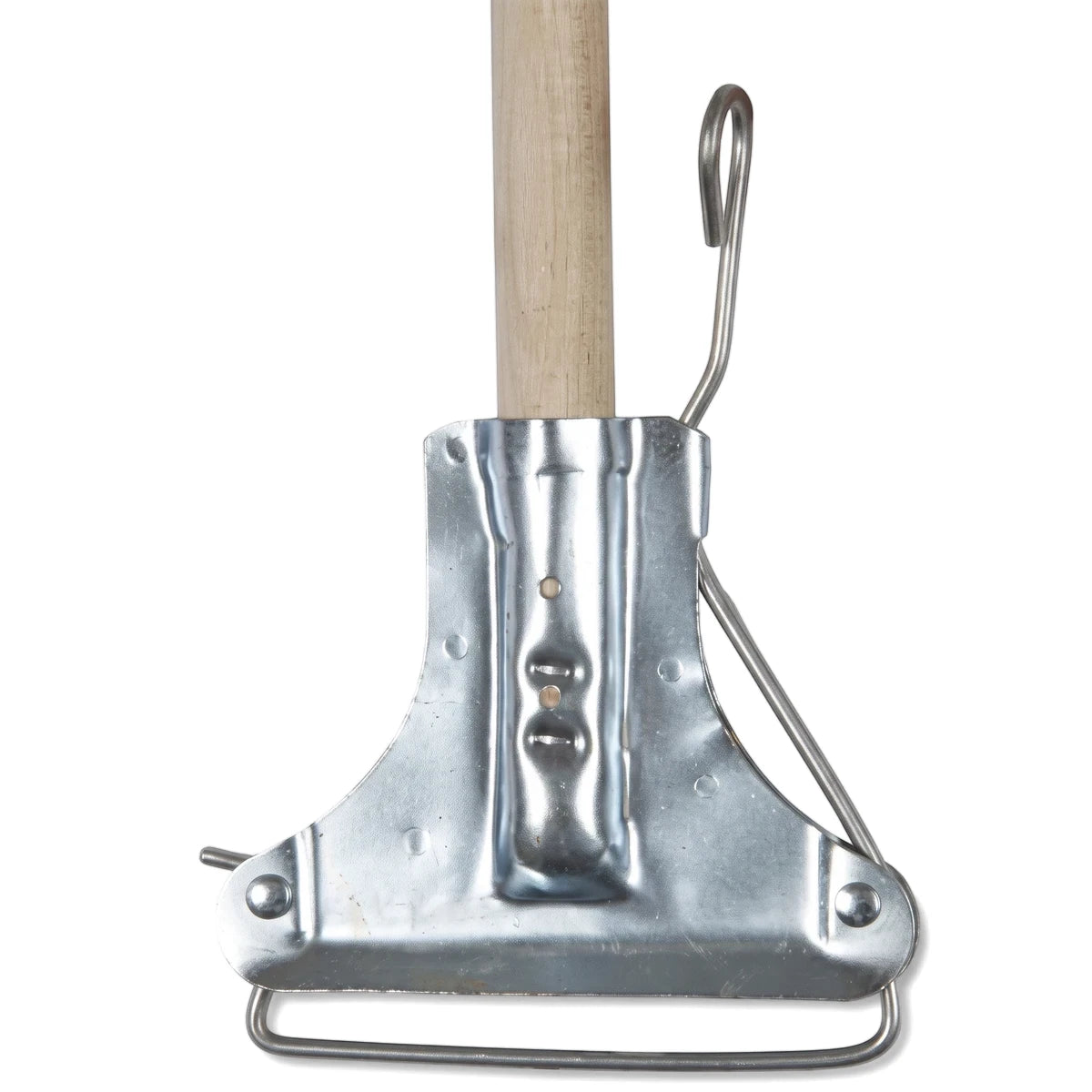 A close-up view of a silver metal mop connector with a wooden handle extending upwards.
