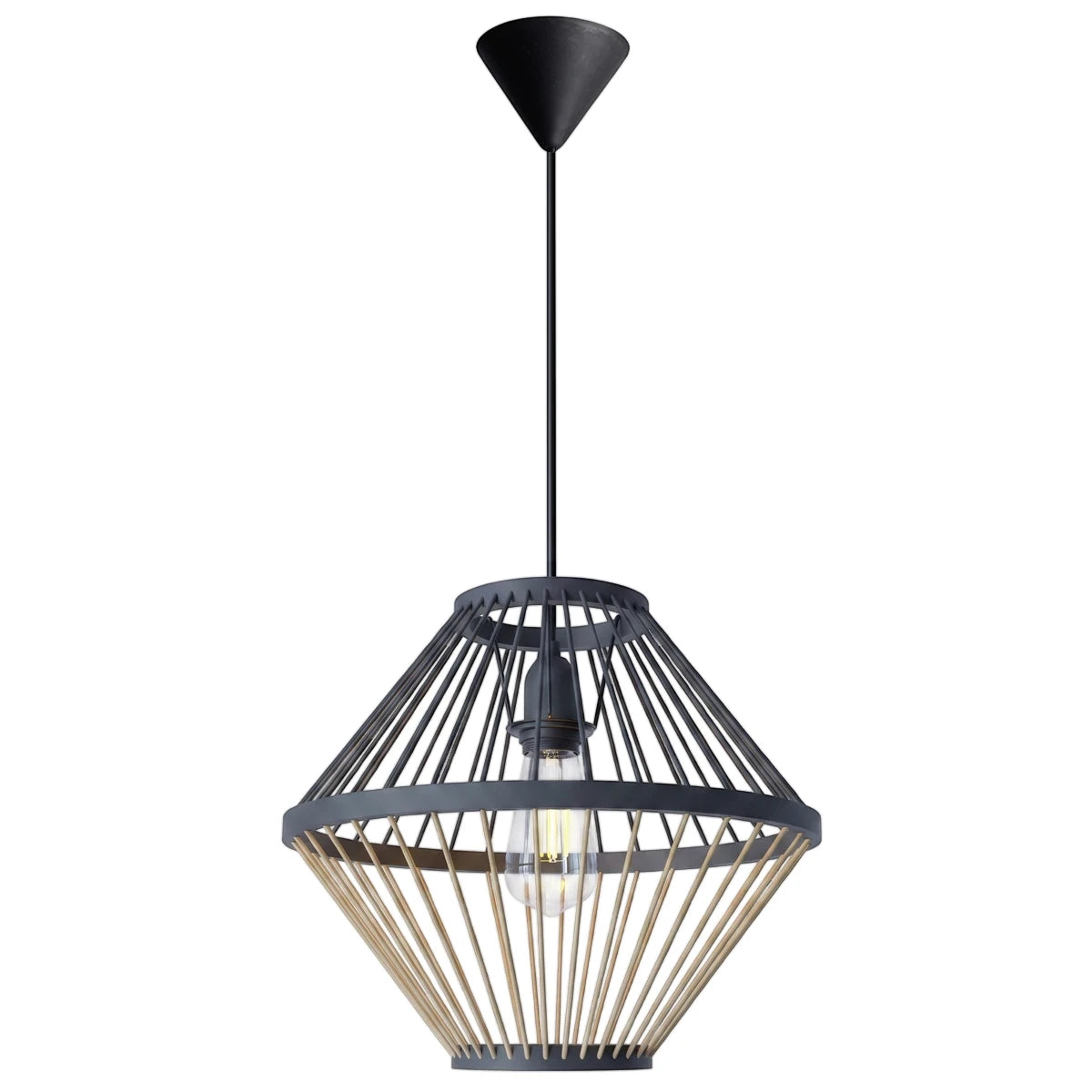 Black and dark gray metal pendant light with a geometric caged design, natural wood slats, and a visible bulb for ceiling.