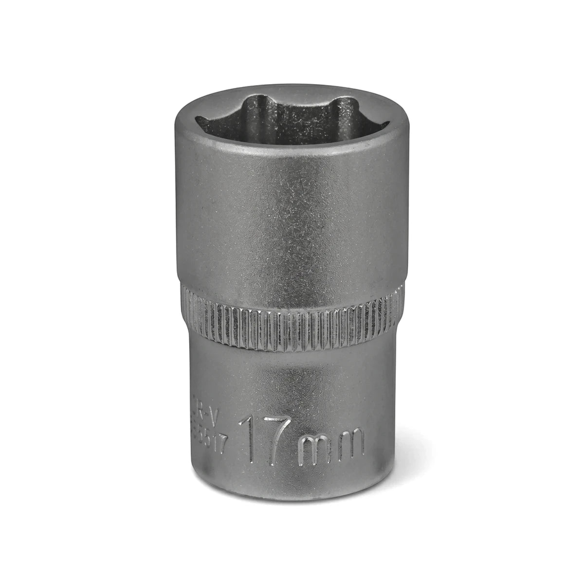 Metallic 17mm 1/2-inch drive 6-point hex socket tool, commonly used for automotive or mechanical repairs.