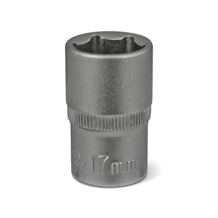 Metallic 17mm 1/2-inch drive 6-point hex socket tool, commonly used for automotive or mechanical repairs.