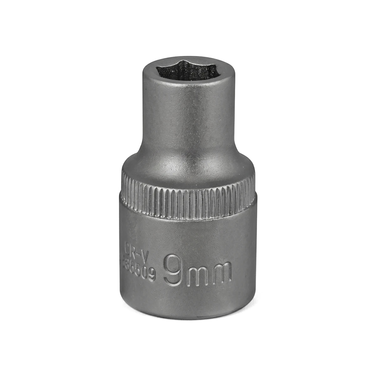 Metallic gray 9mm 1/2-inch drive 6-point hex socket tool for mechanics and DIY projects.