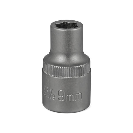 Metallic gray 9mm 1/2-inch drive 6-point hex socket tool for mechanics and DIY projects.