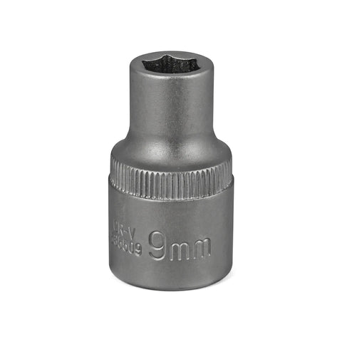 Metallic gray 9mm 1/2-inch drive 6-point hex socket tool for mechanics and DIY projects.