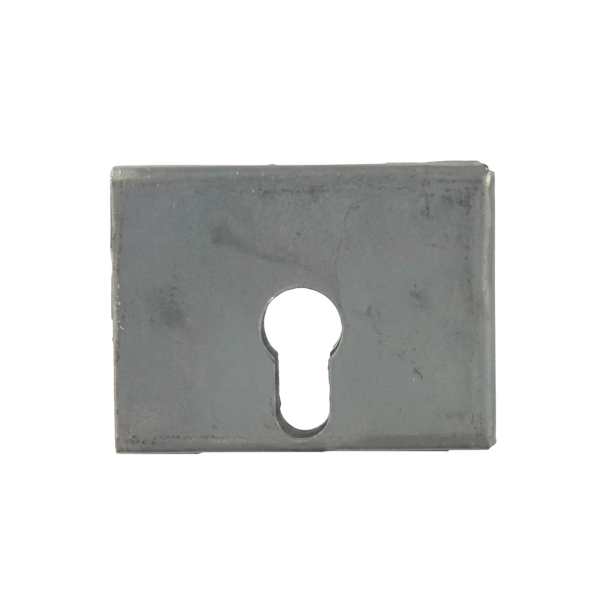 A metallic grey rectangular escutcheon plate or strike plate with a keyhole cutout in the center for a cylinder lock.