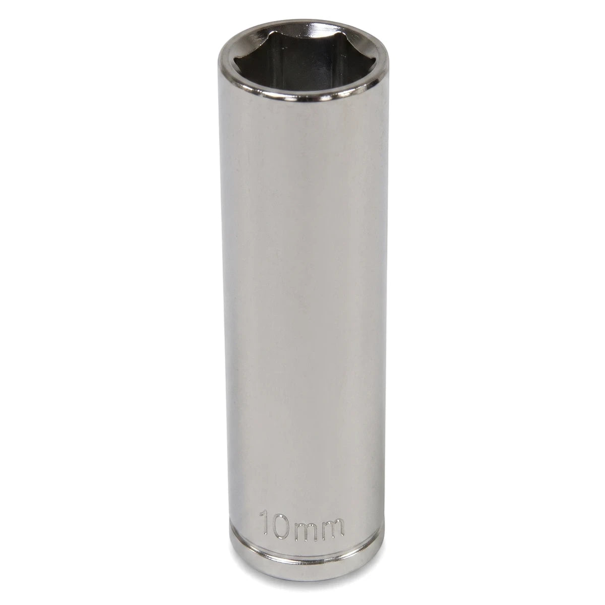 Metallic silver 10mm 1/4-inch drive 6-point deep socket for automotive and mechanical repair tasks.