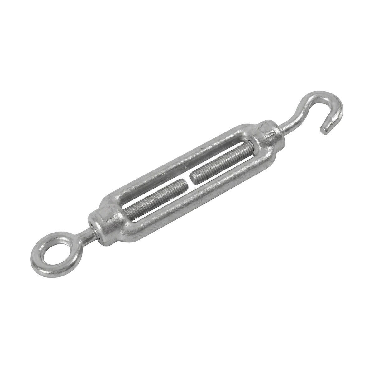 Metallic turnbuckle with a hook on one end and an eyelet on the other, M10 padlock size, used for tensioning applications.