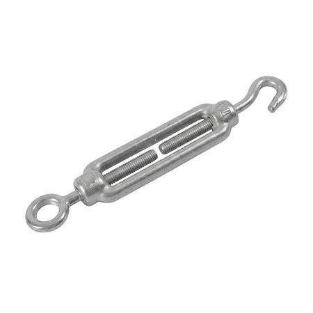 Metallic turnbuckle with a hook on one end and an eyelet on the other, M10 padlock size, used for tensioning applications.