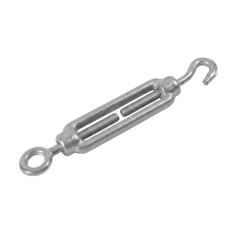 Metallic turnbuckle with a hook on one end and an eyelet on the other, M10 padlock size, used for tensioning applications.