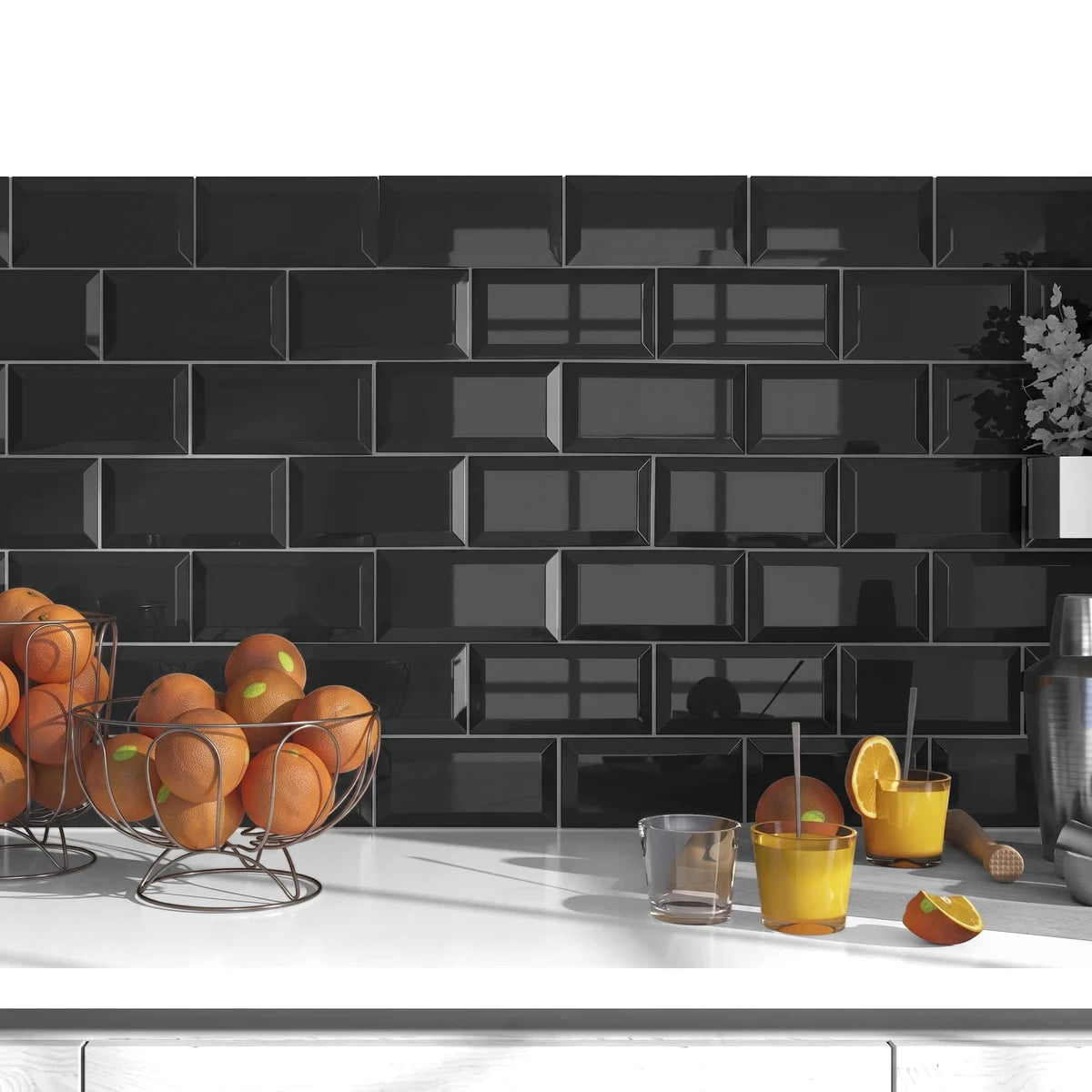 Metro Black 10x20cm subway tiles in a kitchen backsplash setting, showcasing their glossy finish and modern aesthetic.