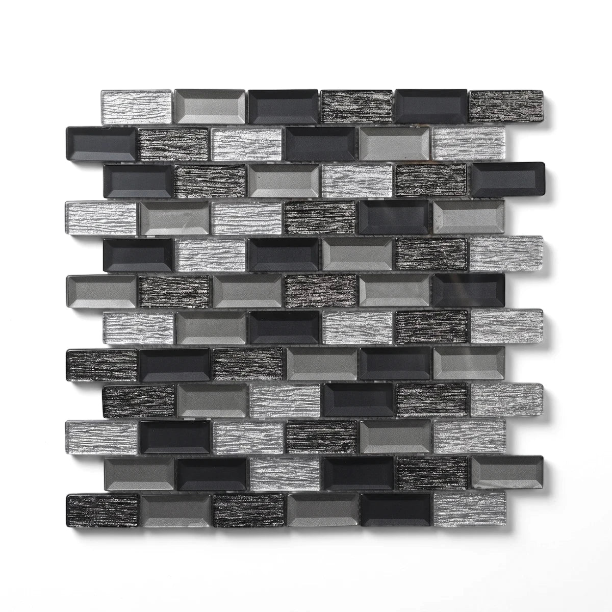 Metro Galaxy Brick Mosaic Tile featuring rectangular black, dark gray, light gray, and textured silver bricks arranged in a