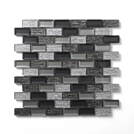Metro Galaxy Brick Mosaic Tile featuring rectangular black, dark gray, light gray, and textured silver bricks arranged in a