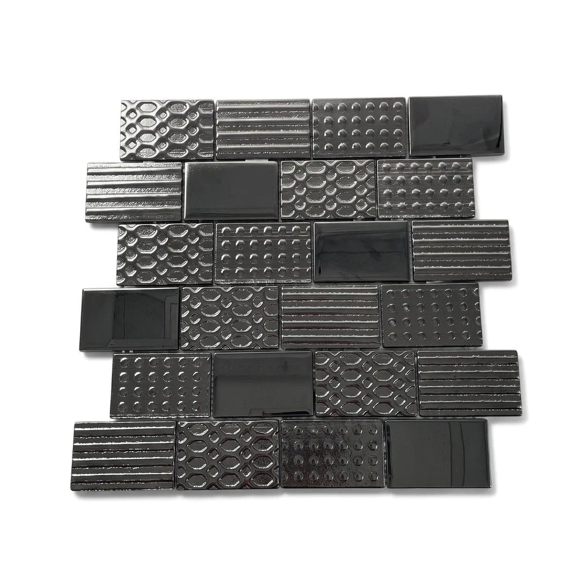 Metro Illusion Mosaic Tile, 30x30cm, featuring dark grey textured and glossy rectangular segments arranged in a decorative