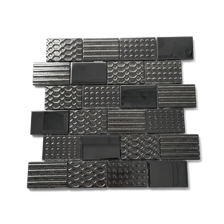 Metro Illusion Mosaic Tile, 30x30cm, featuring dark grey textured and glossy rectangular segments arranged in a decorative