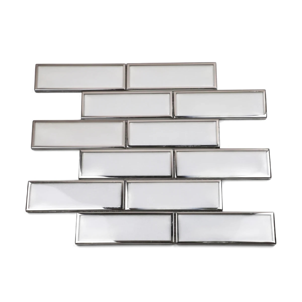 Metro White With Silver Border Mosaic Tile, featuring frosted white rectangles framed by polished silver in a staggered