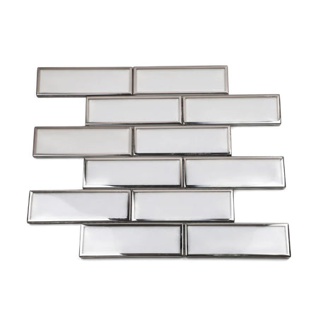 Metro White With Silver Border Mosaic Tile, featuring frosted white rectangles framed by polished silver in a staggered