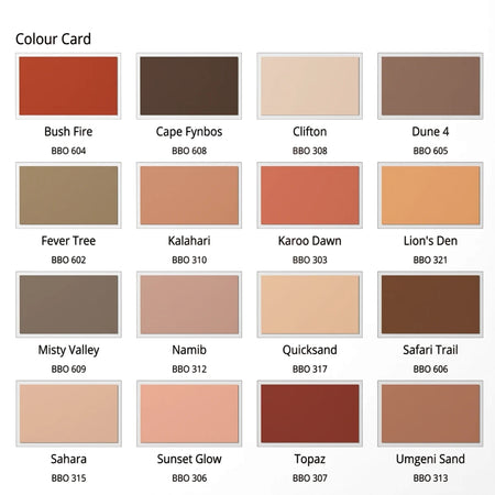 Micatex Paint 20L color card displaying 16 earth-toned swatches including Bush Fire, Kalahari, and Safari Trail, with names