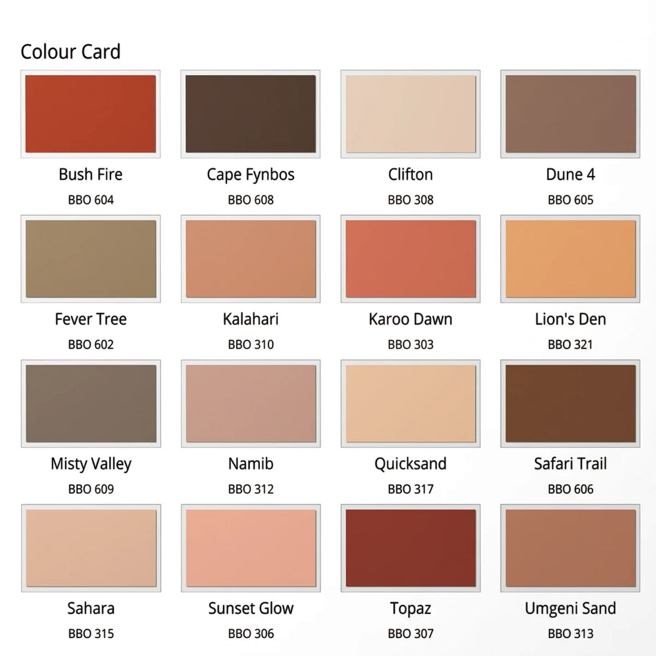 Micatex Paint 20L color card displaying 16 earth-toned swatches including Bush Fire, Kalahari, and Safari Trail, with names