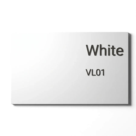 White Micatex Paint 20L color sample label with VL01 code, showing the paint's bright white hue.