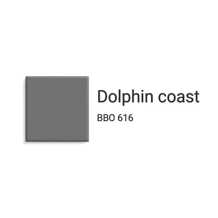A gray color swatch representing Micatex Paint in Dolphin Coast shade, with product code BBO 616, displayed on a white