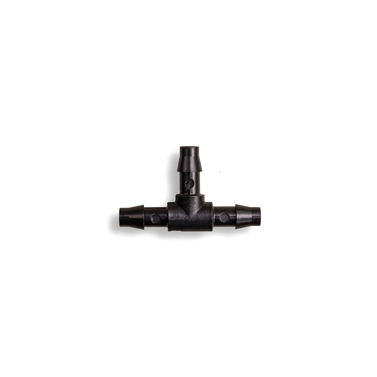 Black plastic 4mm micro barb tee irrigation fitting for drip systems, shown against a white background.