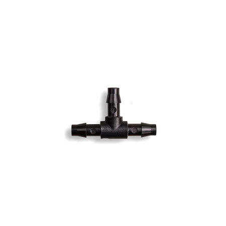 Black plastic 4mm micro barb tee irrigation fitting for drip systems, shown against a white background.