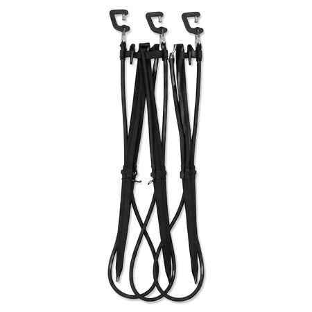 Set of three black Micro Head, Peg & Tube straps with silver metal hooks arranged vertically, showcasing the full product.