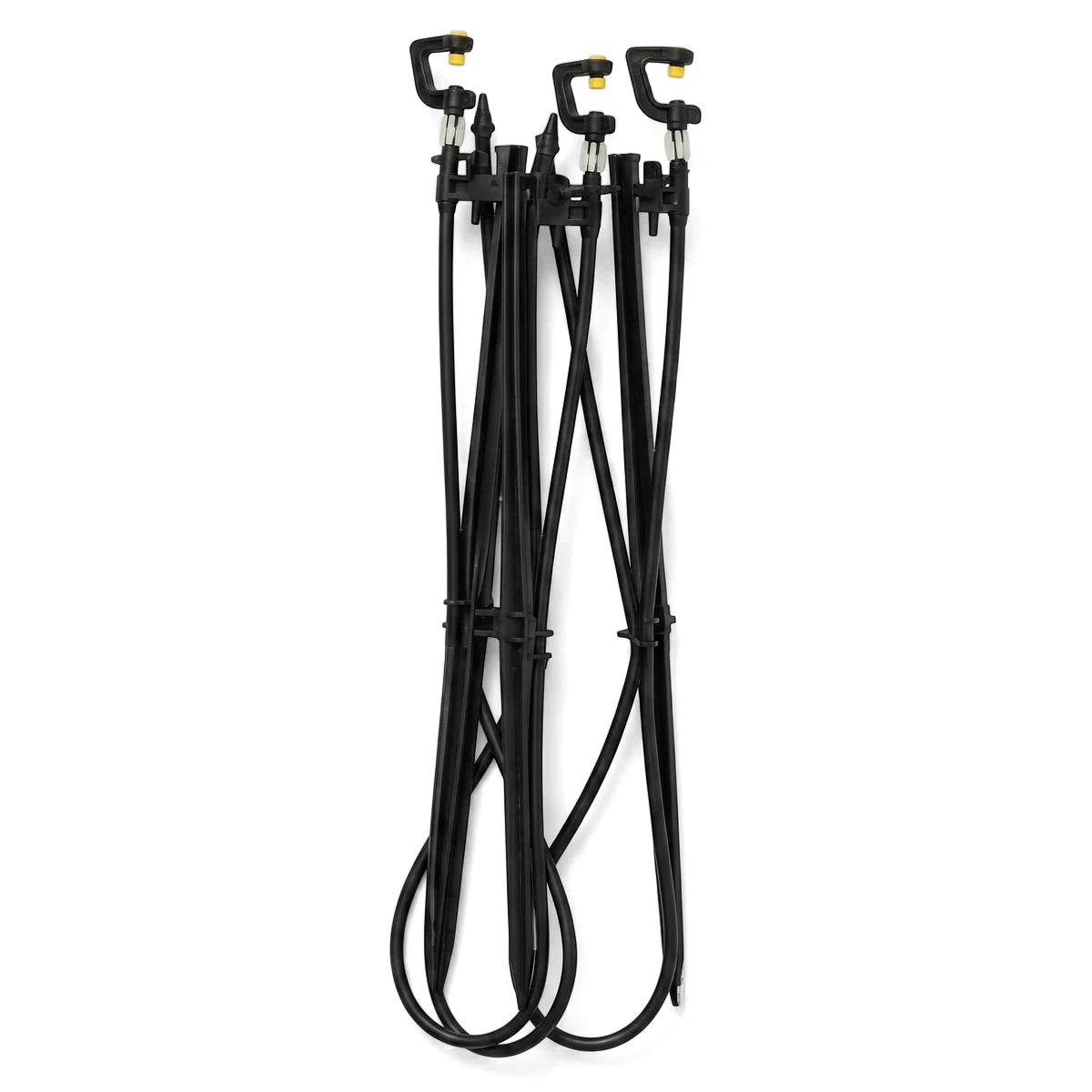 A set of three black micro head, peg, and tube yellow 360 units with coiled bases, standing upright.