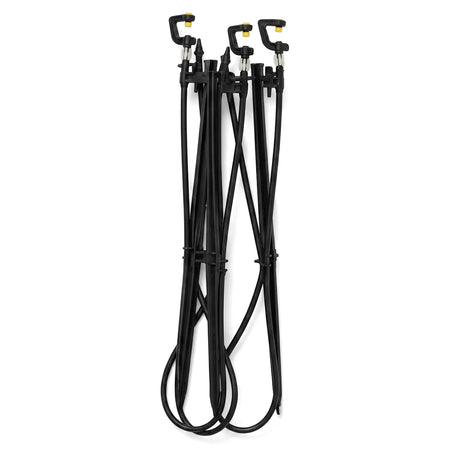 A set of three black micro head, peg, and tube yellow 360 units with coiled bases, standing upright.
