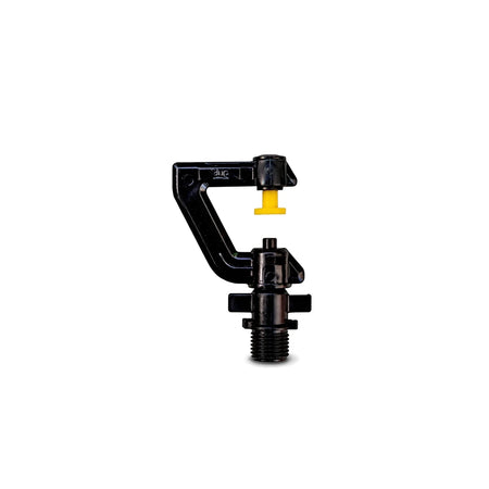 Black and yellow micro head for a sprinkler system, shown with a clear, detailed view.