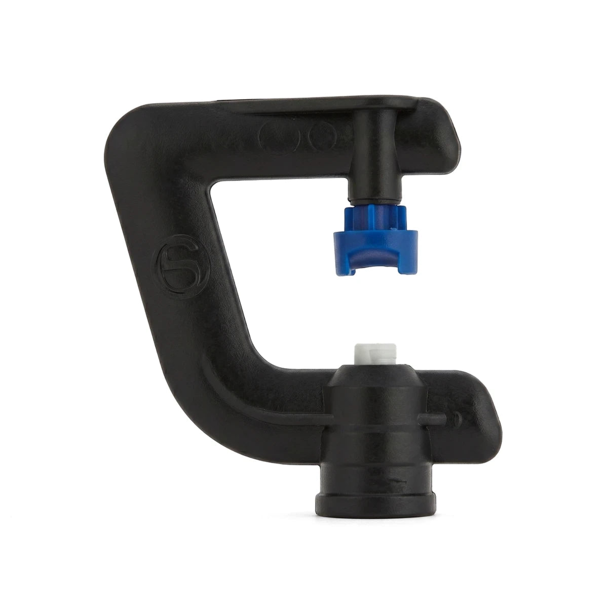 Black plastic micro sprinkler head with a blue nozzle for irrigation systems, shown from a frontal view.