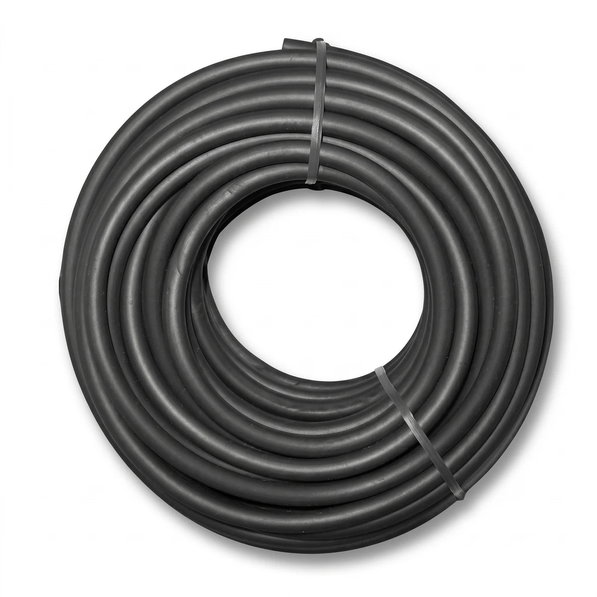 A coiled black micro sprinkler tube, 4mm x 100m, neatly tied, presented against a clean white background.