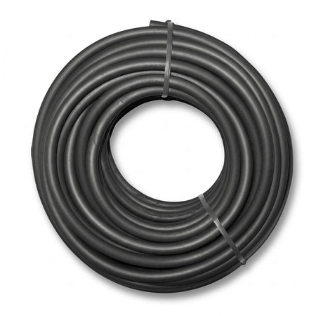 A coiled black micro sprinkler tube, 4mm x 100m, neatly tied, presented against a clean white background.
