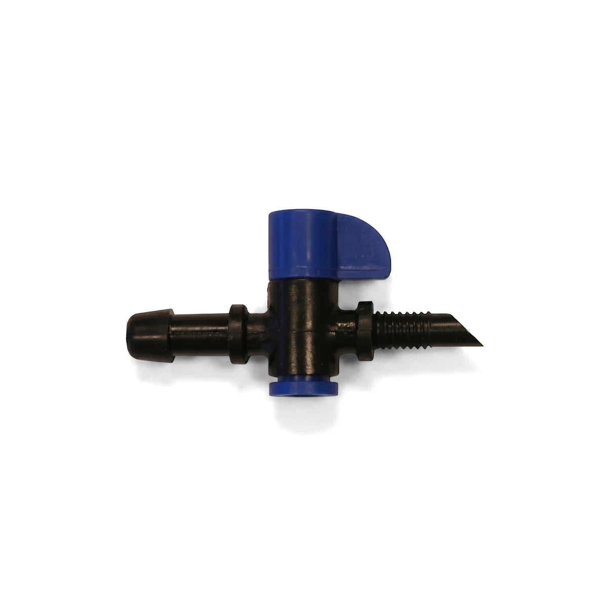 Black plastic Microjet/Rainbird choke barbed 4mm valve with a blue handle and barbed fittings for irrigation.
