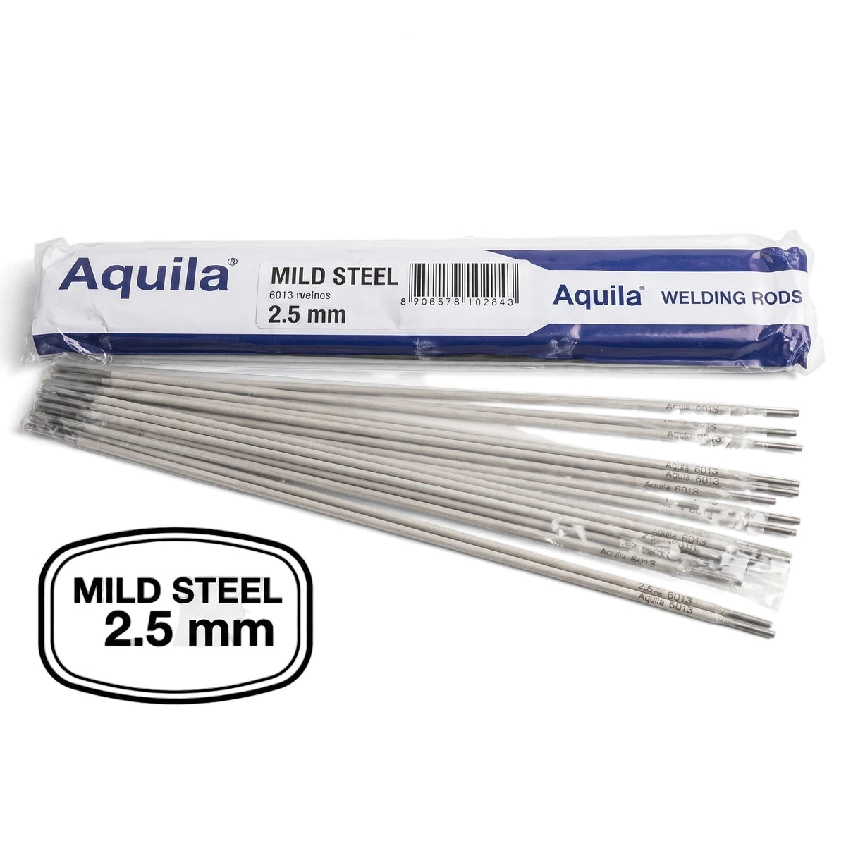 Bundled Mild Steel 6013 2.5mm welding rods with Aquila brand label, shown in a close-up view.