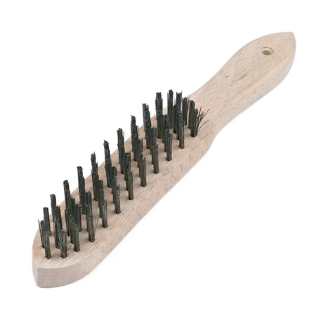 A mild steel wire brush featuring a light-colored wooden handle and dense dark metal bristles, shown angled on a white