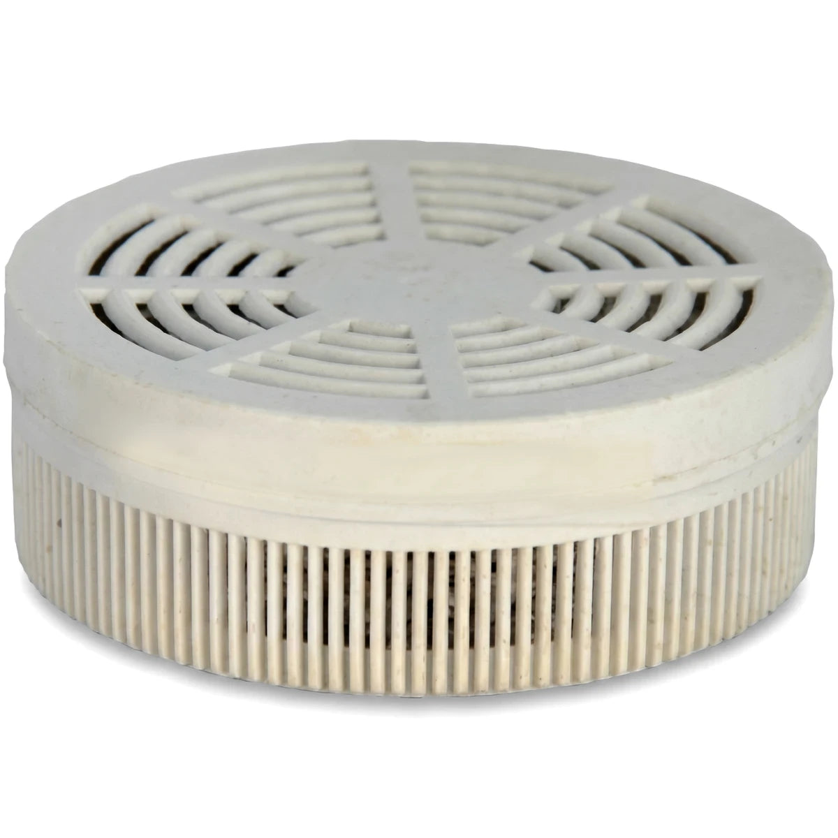 White circular mineral stone replacement for mineral pot with grated top and vertically ribbed sides on a plain background.