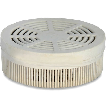 White circular mineral stone replacement for mineral pot with grated top and vertically ribbed sides on a plain background.