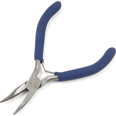 115mm Mini Bent Nose Pliers with blue rubberized grips, featuring a silver metal construction and fine tips, ideal for