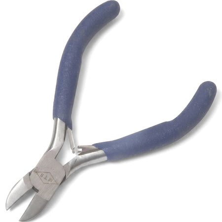 Mini diagonal cutter pliers with blue rubberized handles and silver metal blades, 115mm length.