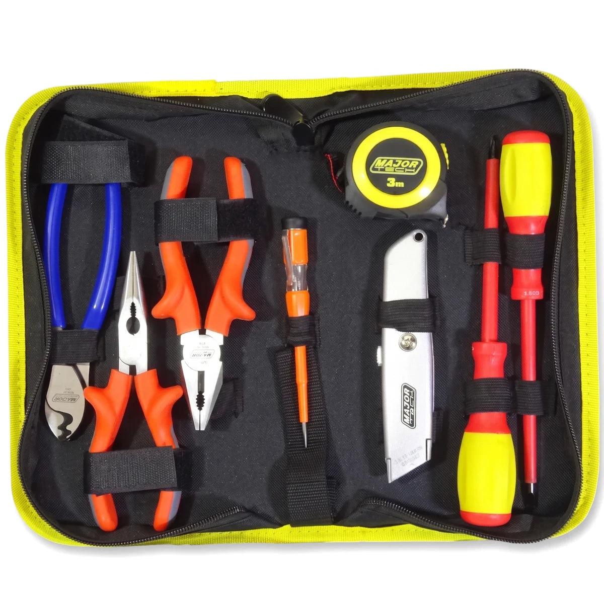 Yellow and black Mini Electricians Kit 1000V Tool Set, open to display pliers, screwdrivers, tape measure, and utility knife.