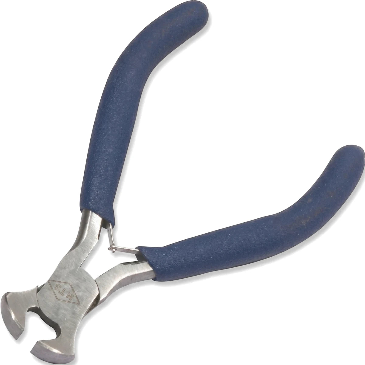 A pair of 115mm mini end cutter pliers with silver metal jaws and dark blue non-slip handles, viewed from a slight angle on