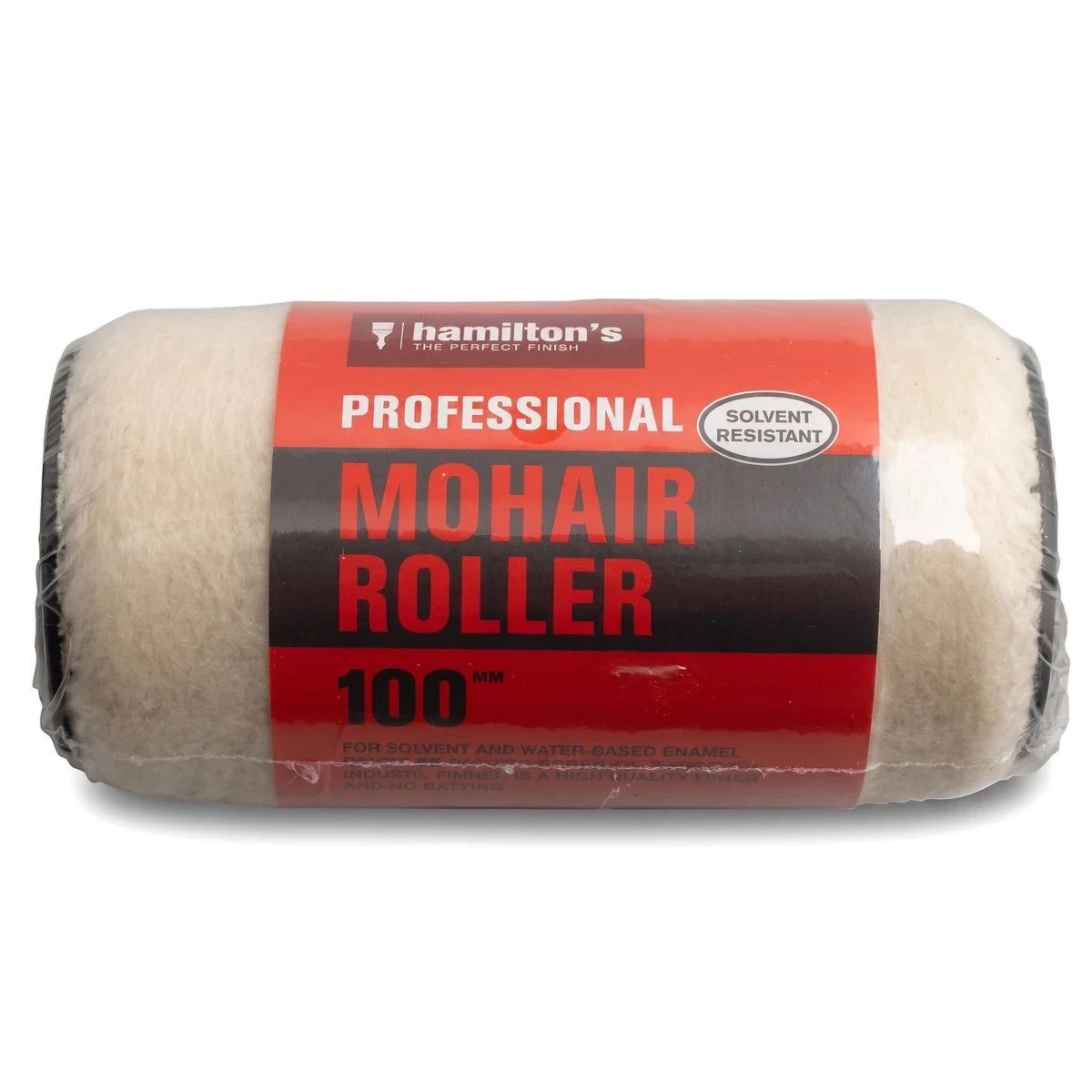 Mini Mohair Refill 100mm Paint Roller from Hamilton's Professional, solvent-resistant, shown in its clear plastic packaging.