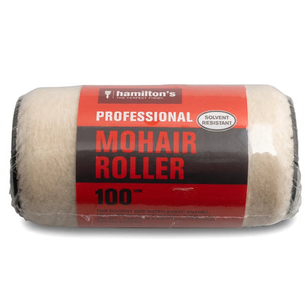Mini Mohair Refill 100mm Paint Roller from Hamilton's Professional, solvent-resistant, shown in its clear plastic packaging.