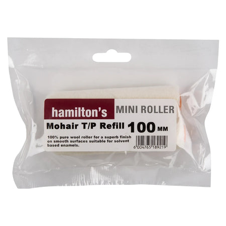 Mini Mohair T/P Roller 100mm, a white paint roller refill in clear plastic packaging for smooth surfaces.